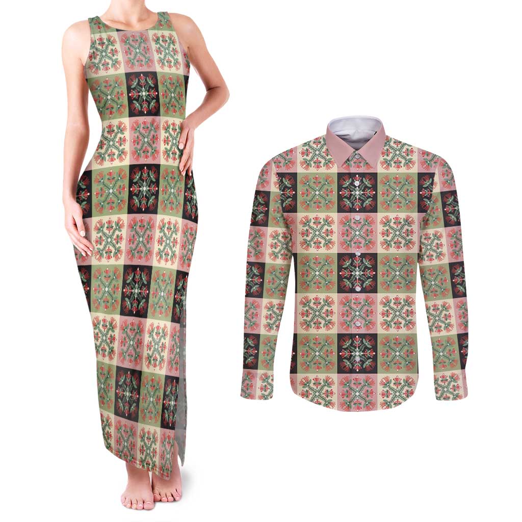 Seamless Pattern Pikake Lei Couples Matching Tank Maxi Dress and Long Sleeve Button Shirt Floral Squares Pikake LT9 Pink - Polynesian Pride