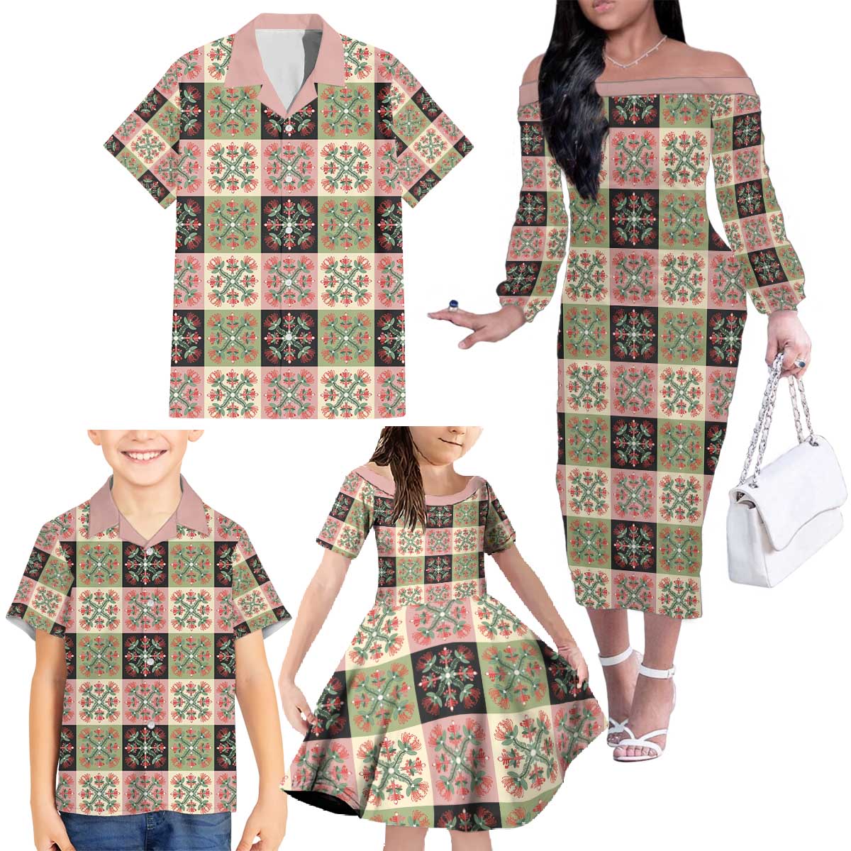 Seamless Pattern Pikake Lei Family Matching Off The Shoulder Long Sleeve Dress and Hawaiian Shirt Floral Squares Pikake LT9 - Polynesian Pride
