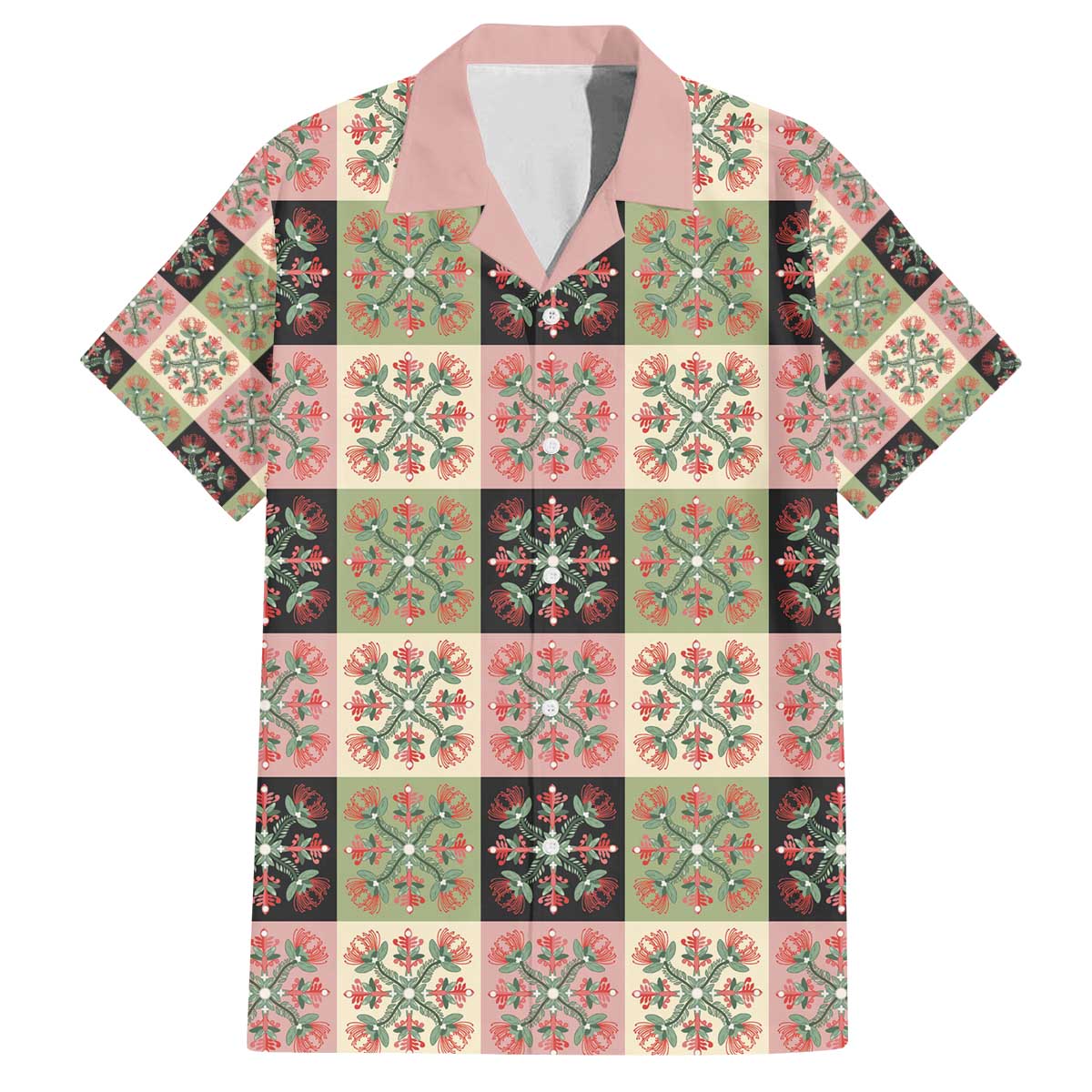 Seamless Pattern Pikake Lei Family Matching Off The Shoulder Long Sleeve Dress and Hawaiian Shirt Floral Squares Pikake LT9 Dad's Shirt - Short Sleeve Pink - Polynesian Pride