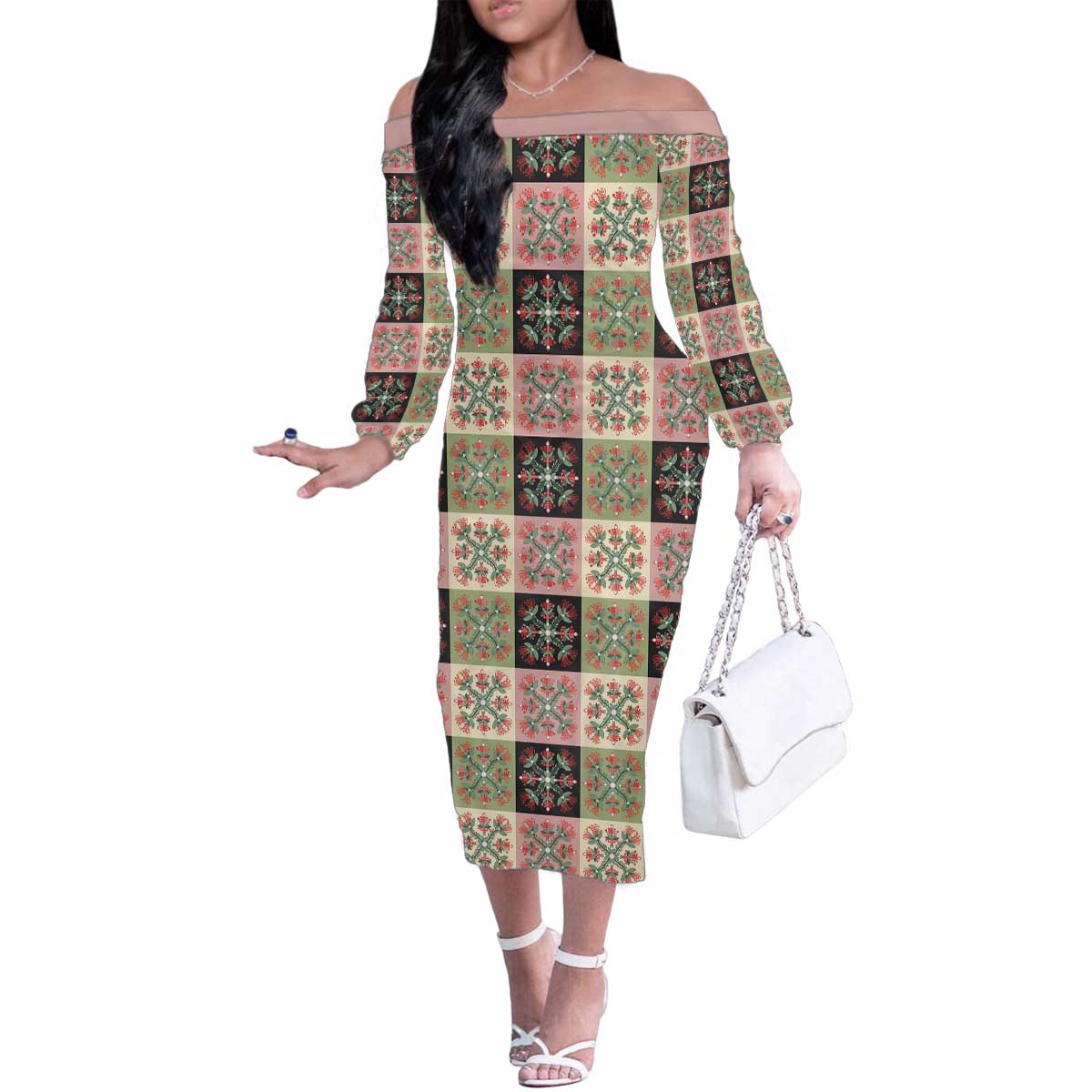 Seamless Pattern Pikake Lei Family Matching Off The Shoulder Long Sleeve Dress and Hawaiian Shirt Floral Squares Pikake LT9 Mom's Dress Pink - Polynesian Pride