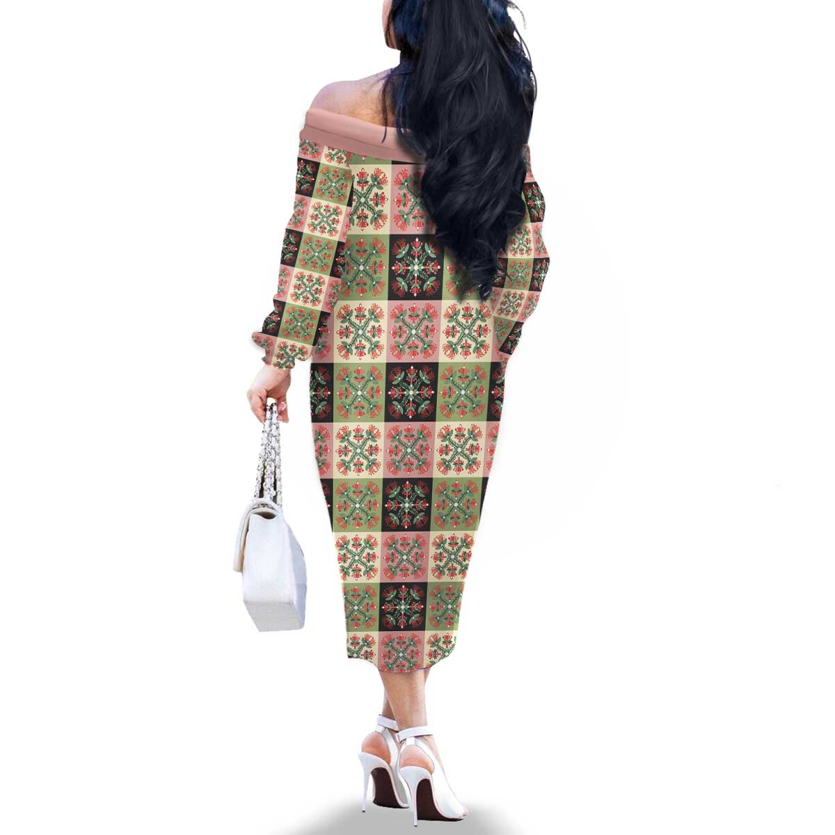 Seamless Pattern Pikake Lei Family Matching Off The Shoulder Long Sleeve Dress and Hawaiian Shirt Floral Squares Pikake LT9 - Polynesian Pride