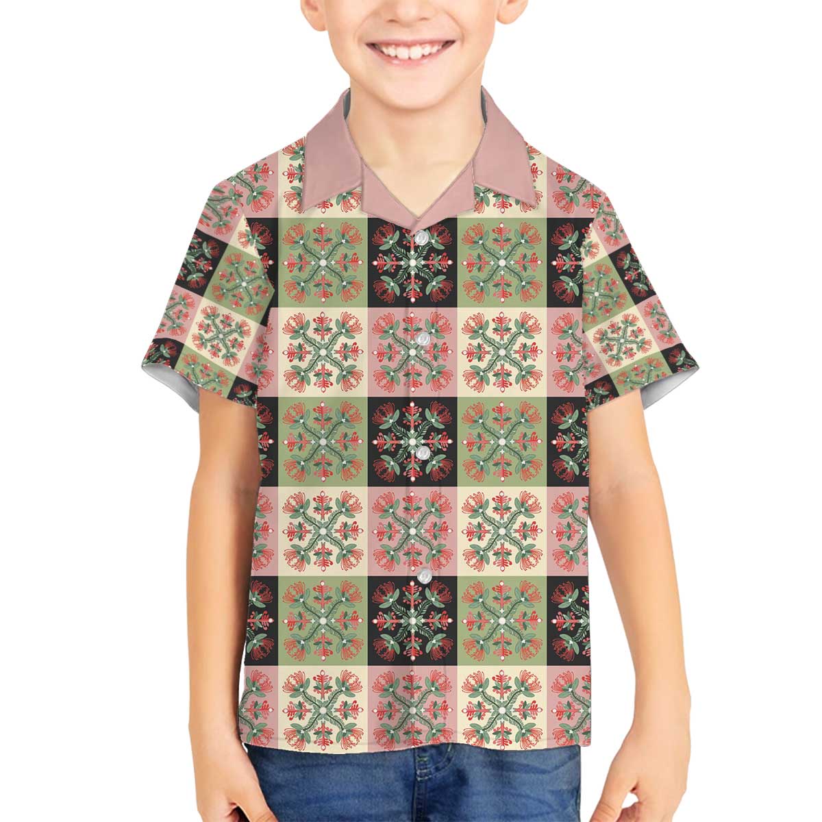 Seamless Pattern Pikake Lei Family Matching Off The Shoulder Long Sleeve Dress and Hawaiian Shirt Floral Squares Pikake LT9 Son's Shirt Pink - Polynesian Pride