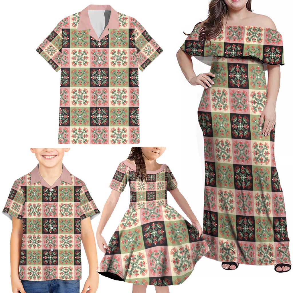 Seamless Pattern Pikake Lei Family Matching Off Shoulder Maxi Dress and Hawaiian Shirt Floral Squares Pikake LT9 - Polynesian Pride