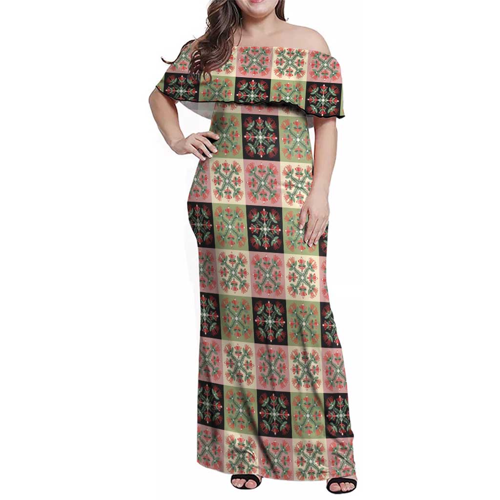 Seamless Pattern Pikake Lei Family Matching Off Shoulder Maxi Dress and Hawaiian Shirt Floral Squares Pikake LT9 Mom's Dress Pink - Polynesian Pride