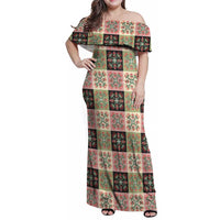 Seamless Pattern Pikake Lei Family Matching Off Shoulder Maxi Dress and Hawaiian Shirt Floral Squares Pikake LT9 Mom's Dress Pink - Polynesian Pride
