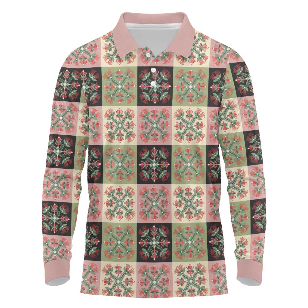 Seamless Pattern Pikake Lei Long Sleeve Polo Shirt Floral Squares Pikake LT9 Pink - Polynesian Pride