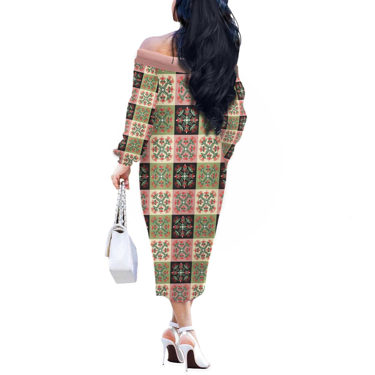 Seamless Pattern Pikake Lei Off The Shoulder Long Sleeve Dress Floral Squares Pikake - Polynesian Pride