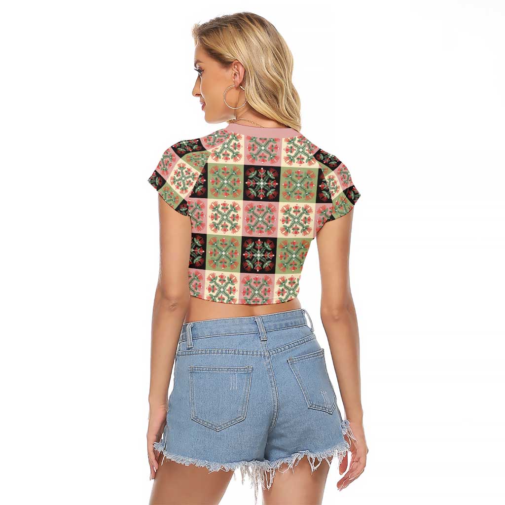 Seamless Pattern Pikake Lei Raglan Cropped T Shirt Floral Squares Pikake - Polynesian Pride