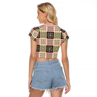 Seamless Pattern Pikake Lei Raglan Cropped T Shirt Floral Squares Pikake - Polynesian Pride