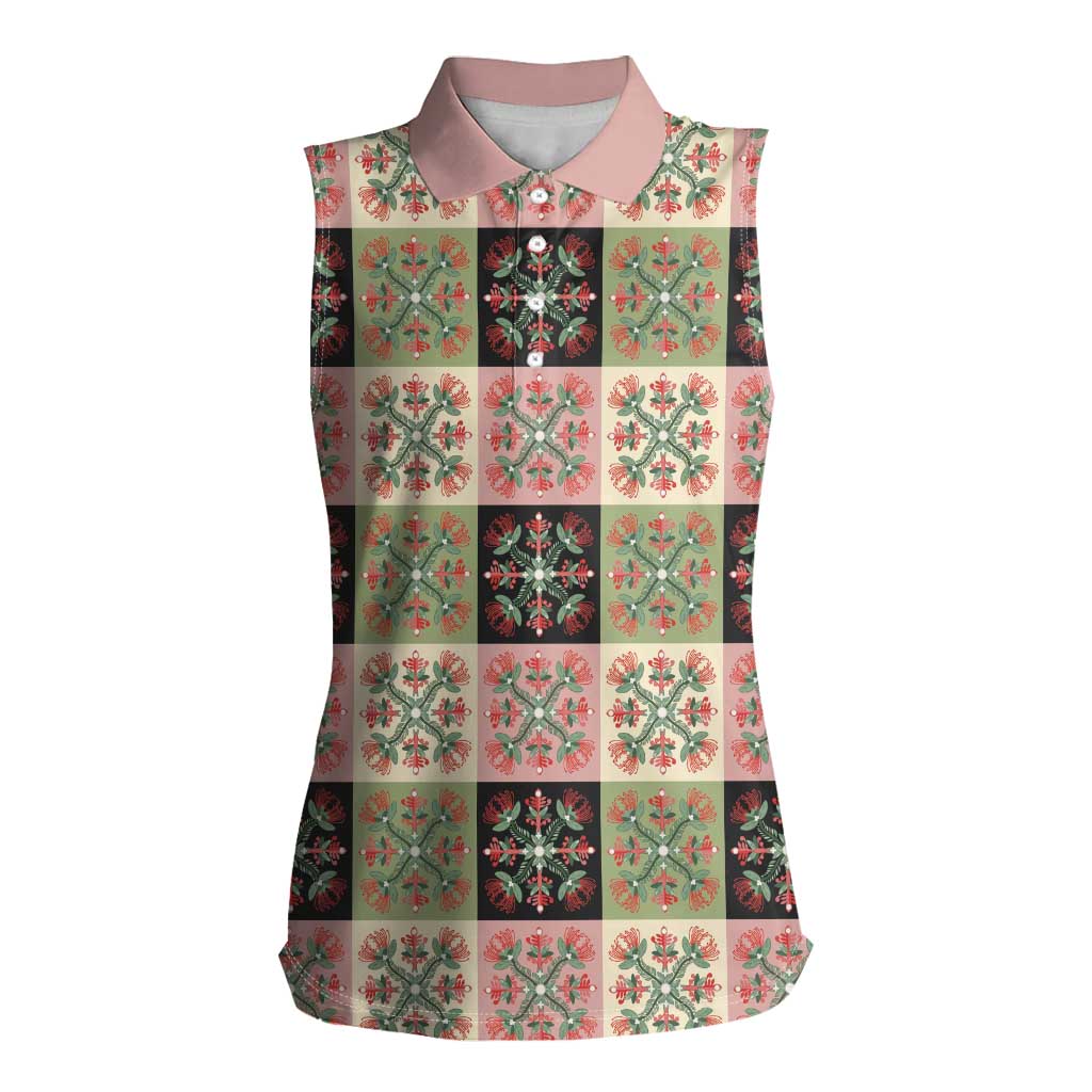 Seamless Pattern Pikake Lei Women Sleeveless Polo Shirt Floral Squares Pikake LT9 Female Pink - Polynesian Pride