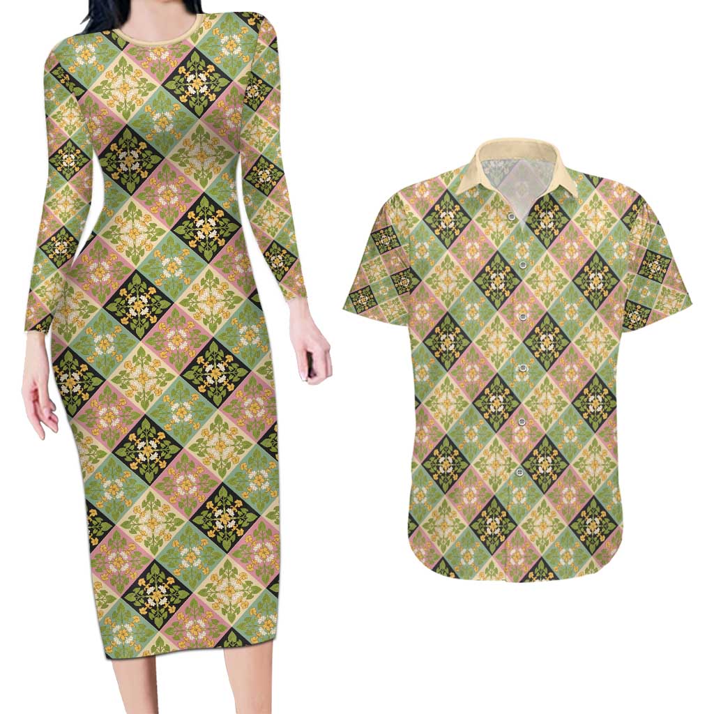 Seamless Pattern Puakenikeni and Kalo Couples Matching Long Sleeve Bodycon Dress and Hawaiian Shirt LT9 Beige - Polynesian Pride