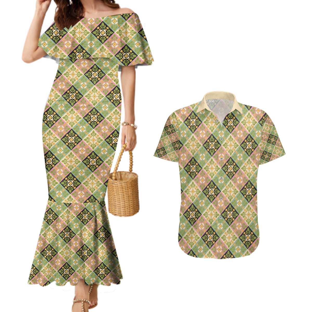 Seamless Pattern Puakenikeni and Kalo Couples Matching Mermaid Dress and Hawaiian Shirt LT9 Beige - Polynesian Pride