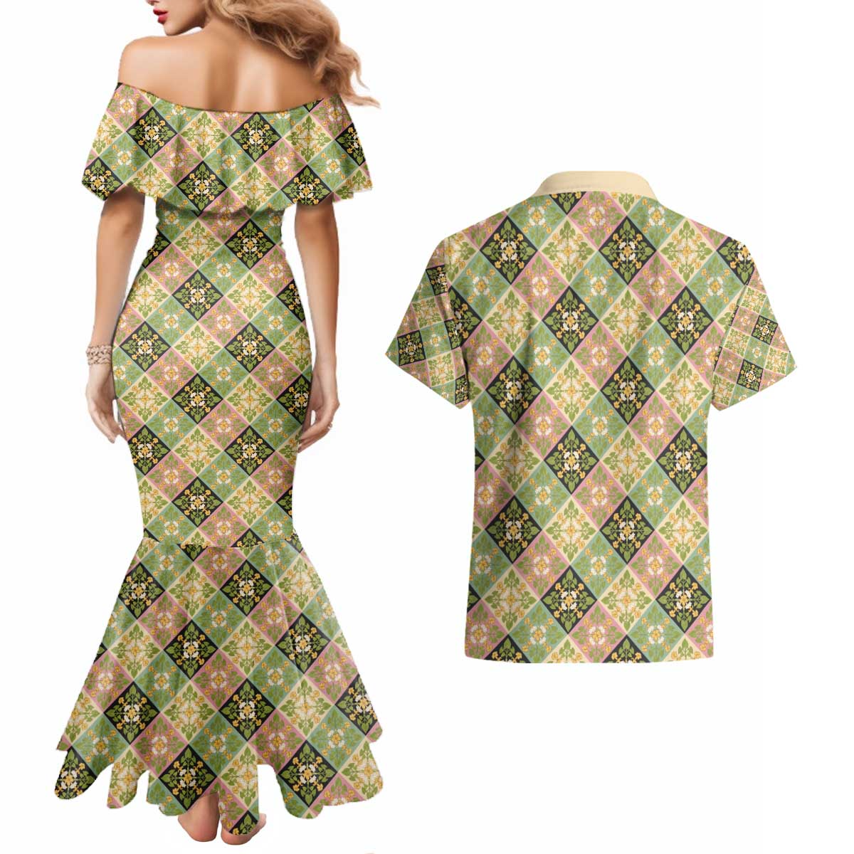 Seamless Pattern Puakenikeni and Kalo Couples Matching Mermaid Dress and Hawaiian Shirt LT9 - Polynesian Pride