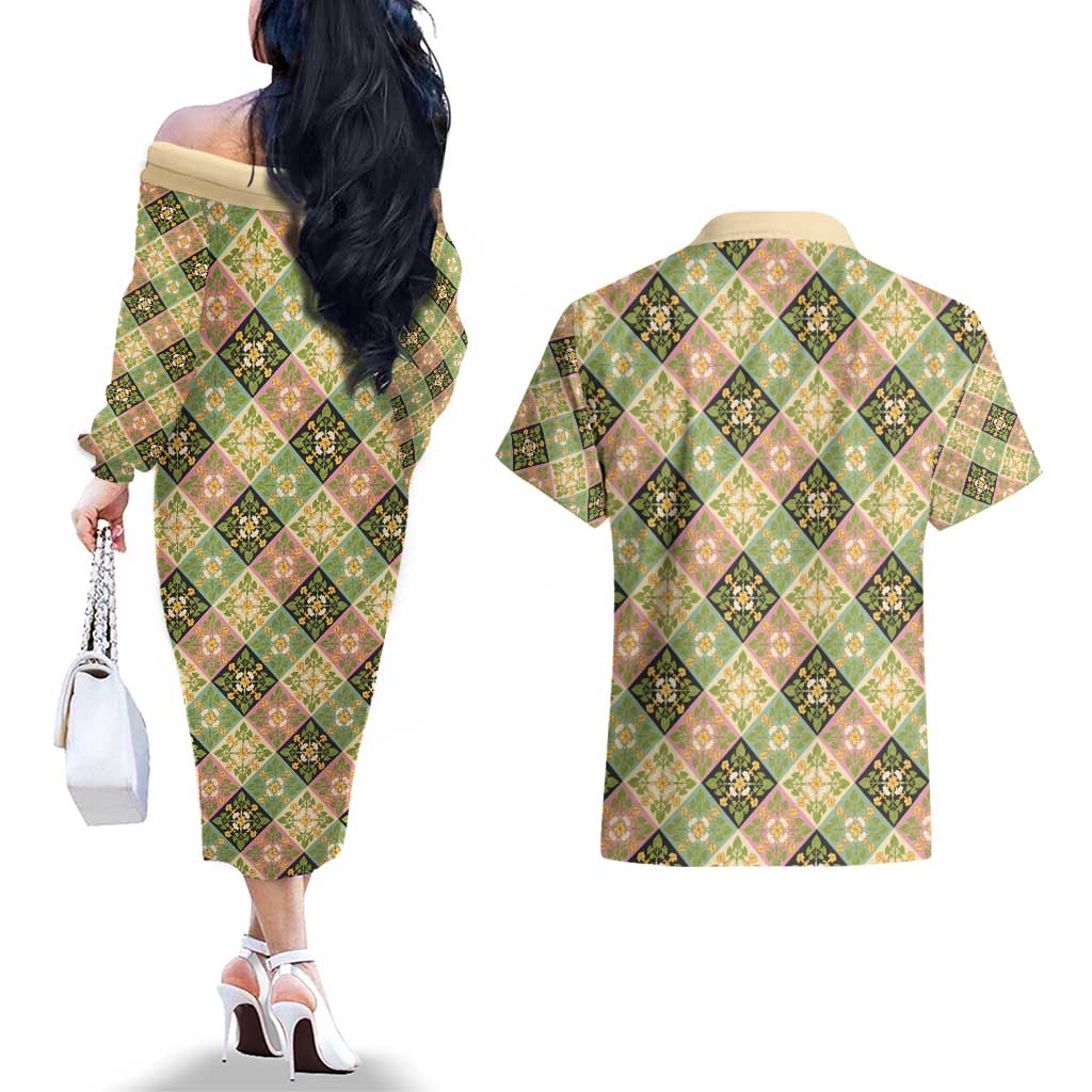 Seamless Pattern Puakenikeni and Kalo Couples Matching Off The Shoulder Long Sleeve Dress and Hawaiian Shirt LT9 - Polynesian Pride