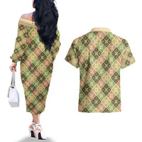 Seamless Pattern Puakenikeni and Kalo Couples Matching Off The Shoulder Long Sleeve Dress and Hawaiian Shirt LT9 - Polynesian Pride
