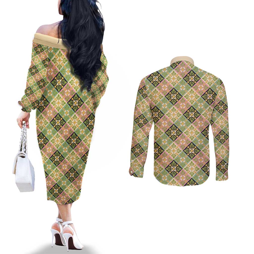Seamless Pattern Puakenikeni and Kalo Couples Matching Off The Shoulder Long Sleeve Dress and Long Sleeve Button Shirt LT9 - Polynesian Pride