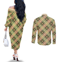 Seamless Pattern Puakenikeni and Kalo Couples Matching Off The Shoulder Long Sleeve Dress and Long Sleeve Button Shirt LT9 - Polynesian Pride