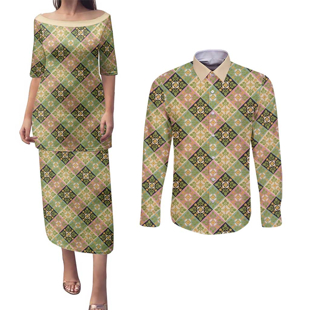 Seamless Pattern Puakenikeni and Kalo Couples Matching Puletasi and Long Sleeve Button Shirt - Polynesian Pride