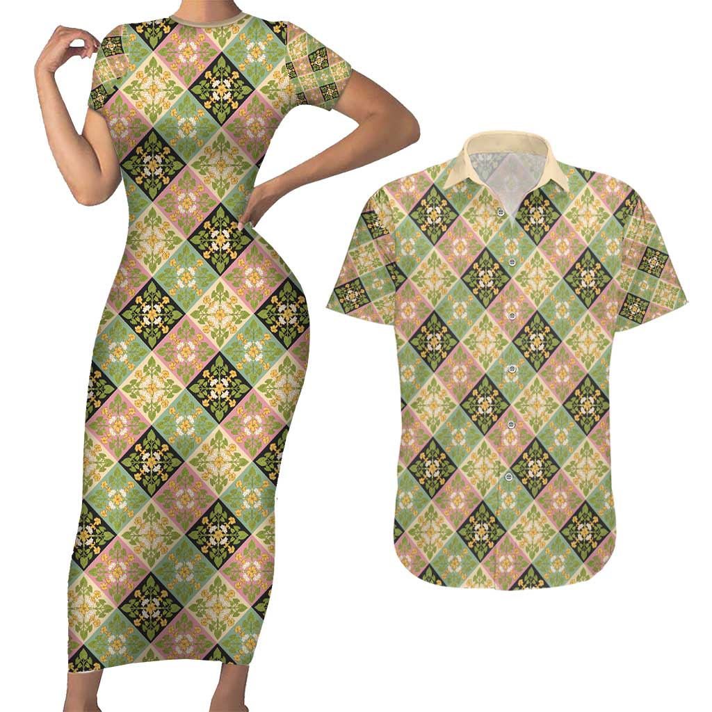 Seamless Pattern Puakenikeni and Kalo Couples Matching Short Sleeve Bodycon Dress and Hawaiian Shirt LT9 Beige - Polynesian Pride