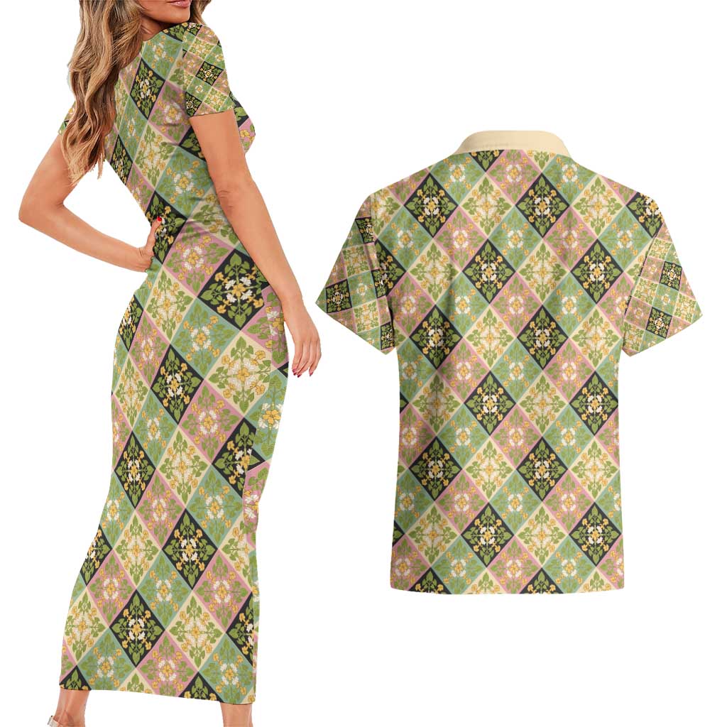 Seamless Pattern Puakenikeni and Kalo Couples Matching Short Sleeve Bodycon Dress and Hawaiian Shirt LT9 - Polynesian Pride