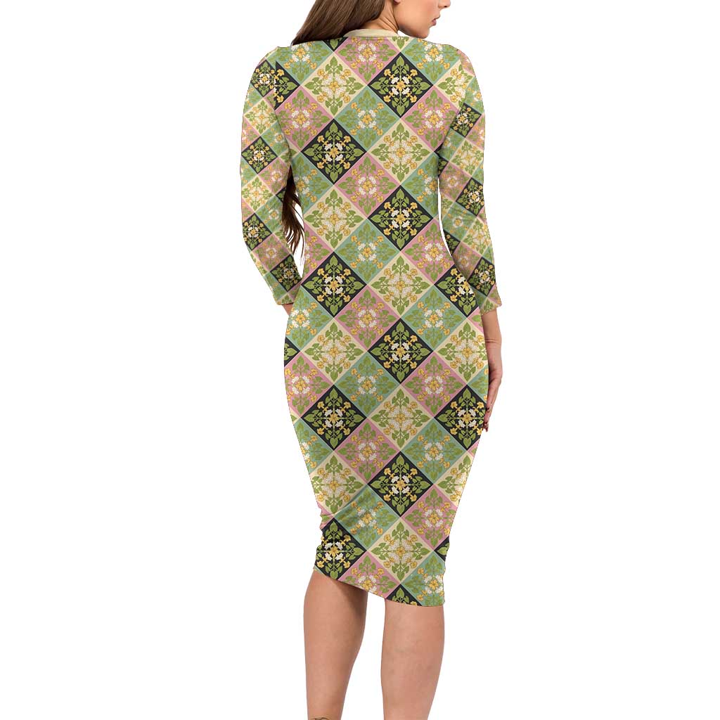 Seamless Pattern Puakenikeni and Kalo Family Matching Long Sleeve Bodycon Dress and Hawaiian Shirt LT9 - Polynesian Pride