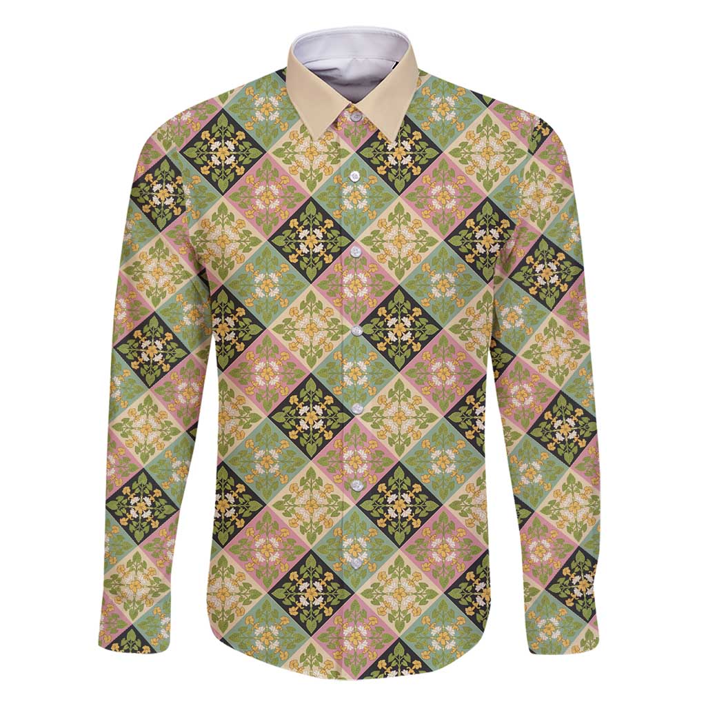 Seamless Pattern Puakenikeni and Kalo Family Matching Mermaid Dress and Hawaiian Shirt LT9 Dad's Shirt - Long Sleeve Beige - Polynesian Pride