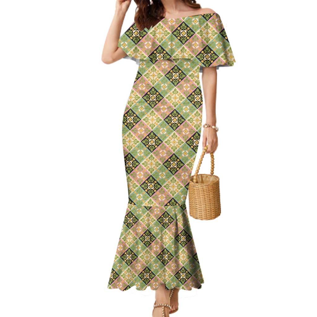 Seamless Pattern Puakenikeni and Kalo Family Matching Mermaid Dress and Hawaiian Shirt LT9 Mom's Dress Beige - Polynesian Pride