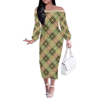 Seamless Pattern Puakenikeni and Kalo Family Matching Off The Shoulder Long Sleeve Dress and Hawaiian Shirt LT9 Mom's Dress Beige - Polynesian Pride