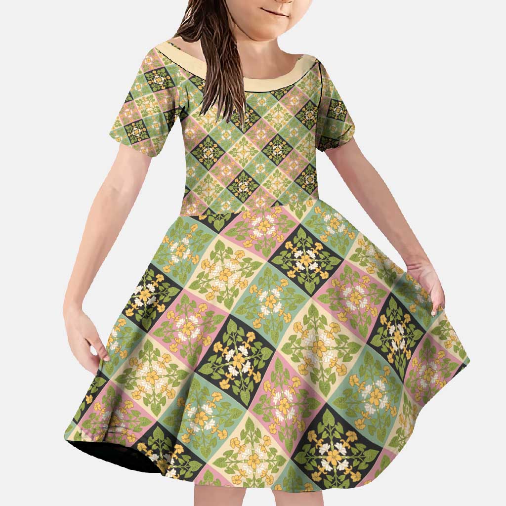 Seamless Pattern Puakenikeni and Kalo Family Matching Off Shoulder Maxi Dress and Hawaiian Shirt LT9 Daughter's Dress Beige - Polynesian Pride