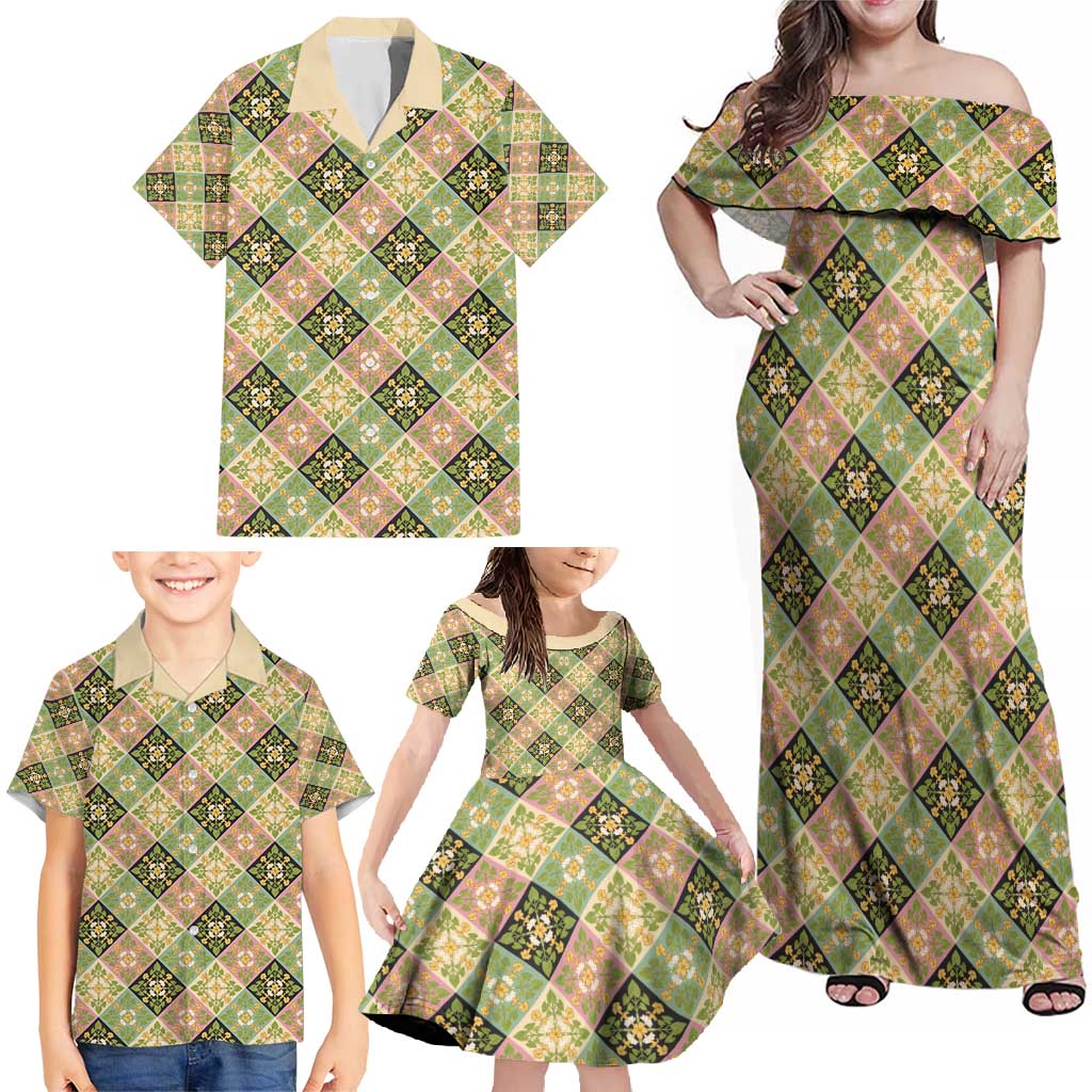 Seamless Pattern Puakenikeni and Kalo Family Matching Off Shoulder Maxi Dress and Hawaiian Shirt LT9 - Polynesian Pride
