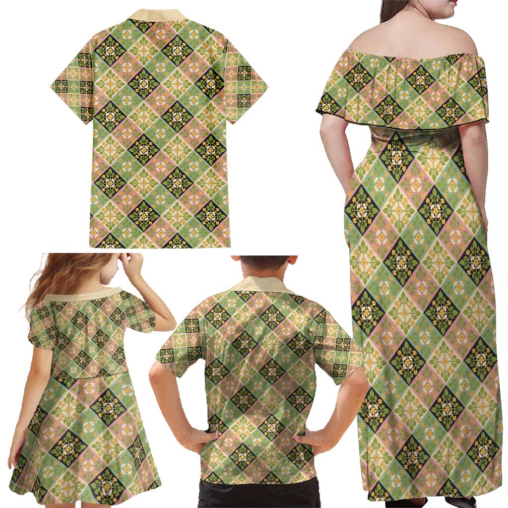 Seamless Pattern Puakenikeni and Kalo Family Matching Off Shoulder Maxi Dress and Hawaiian Shirt LT9 - Polynesian Pride