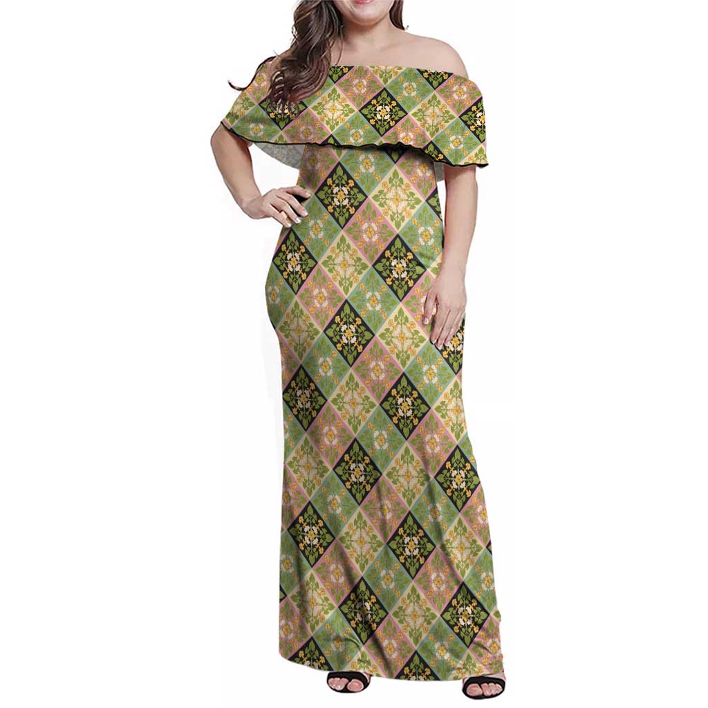Seamless Pattern Puakenikeni and Kalo Family Matching Off Shoulder Maxi Dress and Hawaiian Shirt LT9 Mom's Dress Beige - Polynesian Pride
