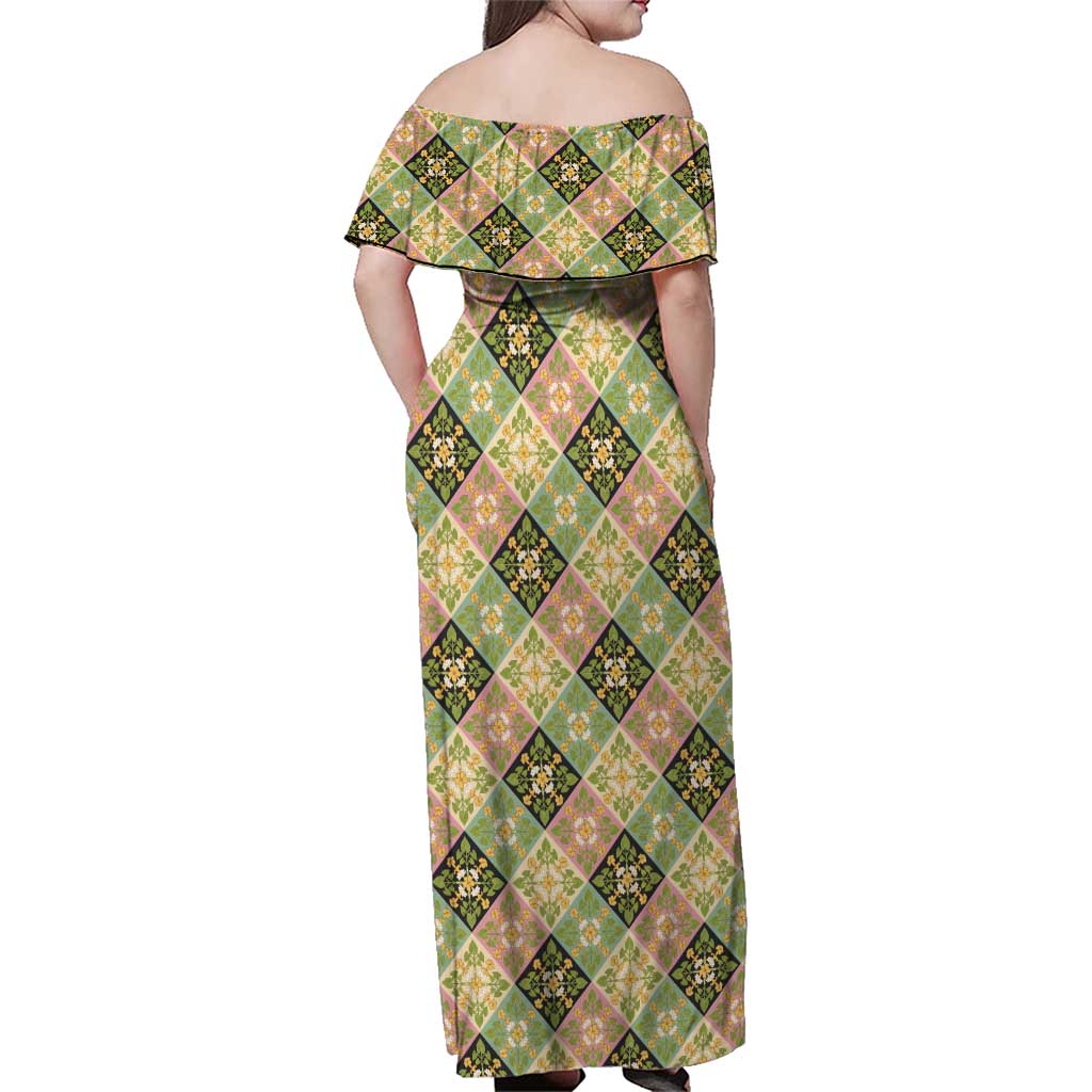 Seamless Pattern Puakenikeni and Kalo Family Matching Off Shoulder Maxi Dress and Hawaiian Shirt LT9 - Polynesian Pride