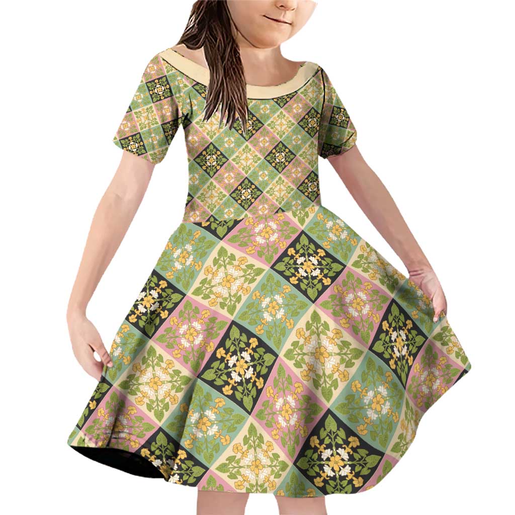Seamless Pattern Puakenikeni and Kalo Family Matching Off Shoulder Short Dress and Hawaiian Shirt LT9 Daughter's Dress Beige - Polynesian Pride