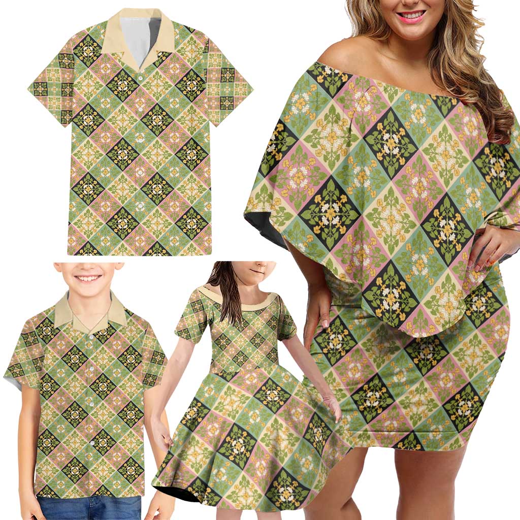 Seamless Pattern Puakenikeni and Kalo Family Matching Off Shoulder Short Dress and Hawaiian Shirt LT9 - Polynesian Pride