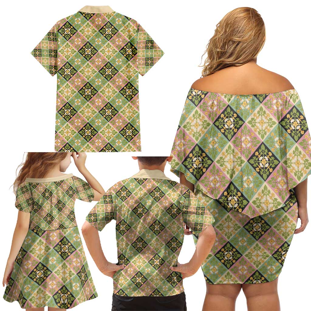 Seamless Pattern Puakenikeni and Kalo Family Matching Off Shoulder Short Dress and Hawaiian Shirt LT9 - Polynesian Pride