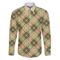Seamless Pattern Puakenikeni and Kalo Family Matching Off Shoulder Short Dress and Hawaiian Shirt LT9 Dad's Shirt - Long Sleeve Beige - Polynesian Pride