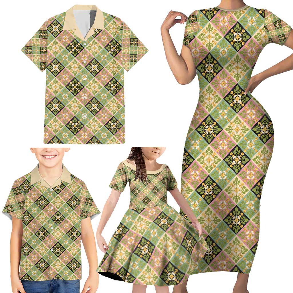 Seamless Pattern Puakenikeni and Kalo Family Matching Short Sleeve Bodycon Dress and Hawaiian Shirt LT9 - Polynesian Pride