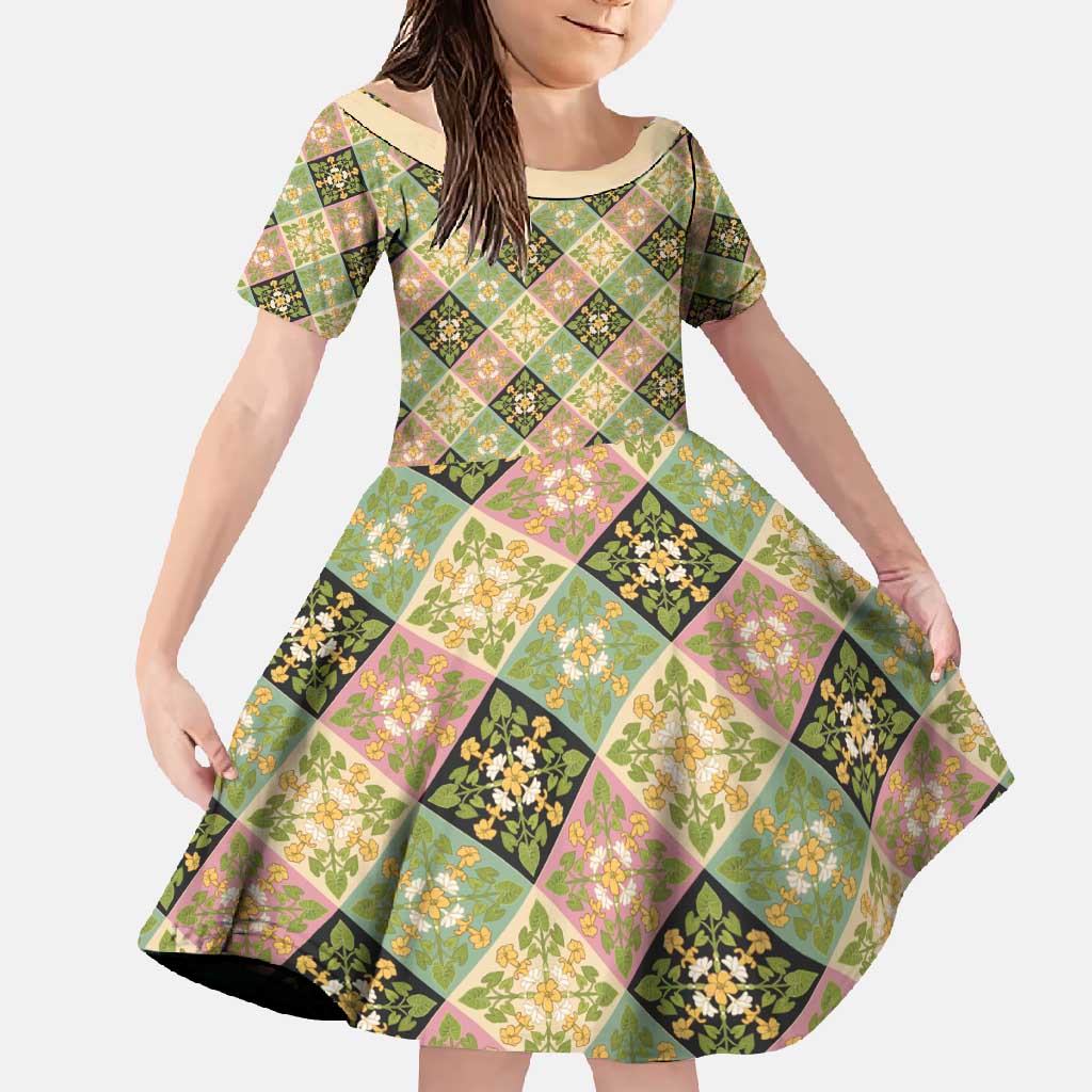Seamless Pattern Puakenikeni and Kalo Family Matching Summer Maxi Dress and Hawaiian Shirt LT9 Daughter's Dress Beige - Polynesian Pride