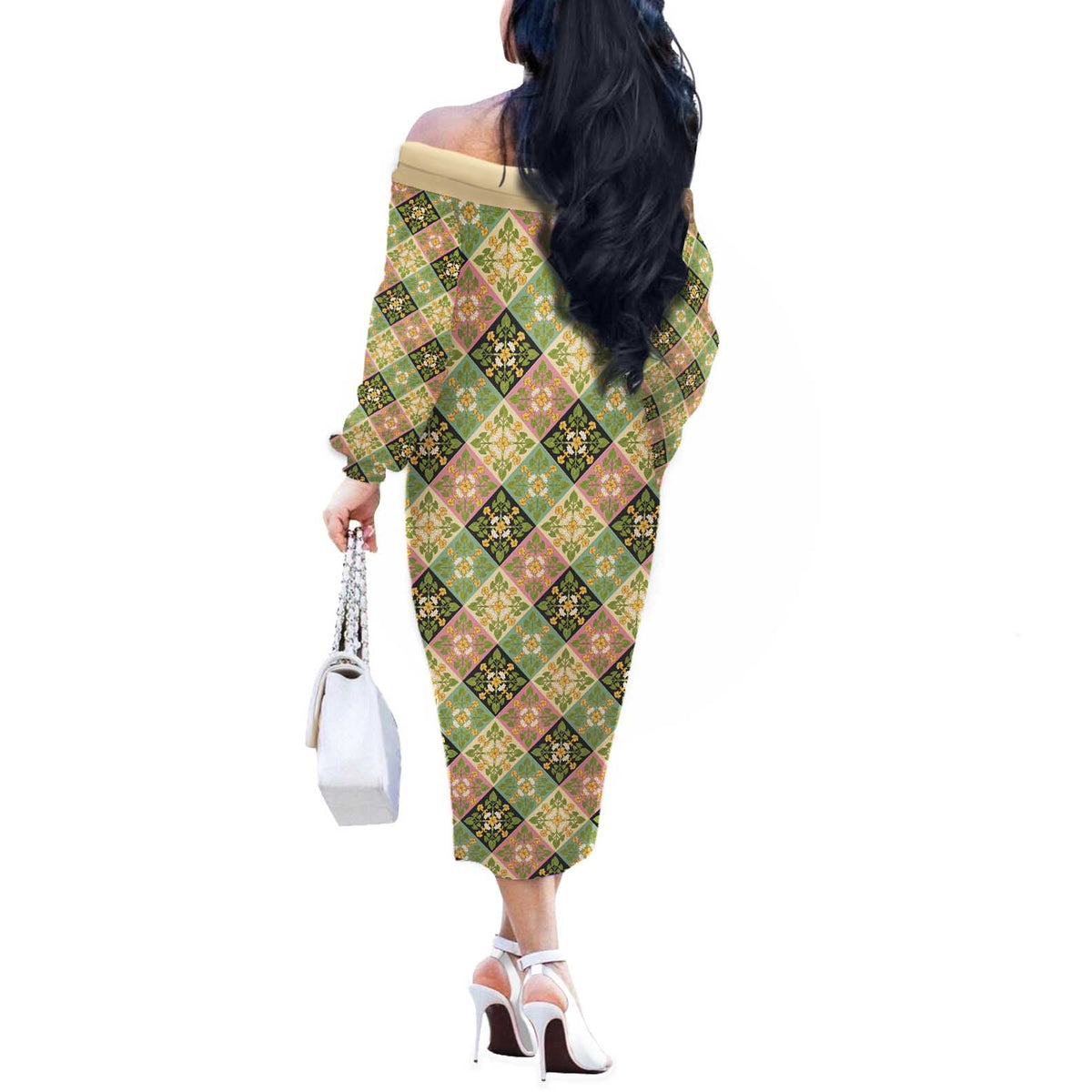 Seamless Pattern Puakenikeni and Kalo Off The Shoulder Long Sleeve Dress - Polynesian Pride