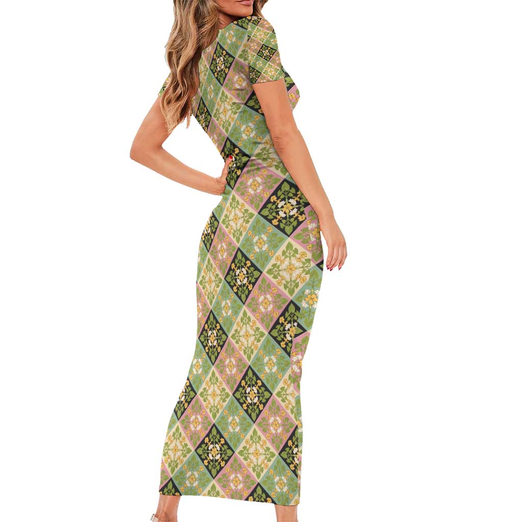 Seamless Pattern Puakenikeni and Kalo Short Sleeve Bodycon Dress - Polynesian Pride