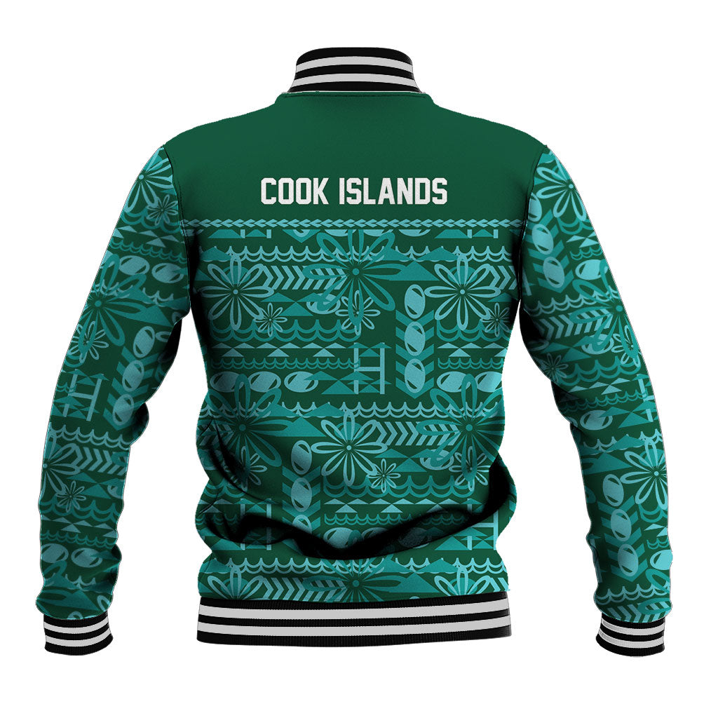 Cook Islands Island Floral Baseball Jacket Teal Traditional Kuki's Geometric Pattern LT9 - Polynesian Pride