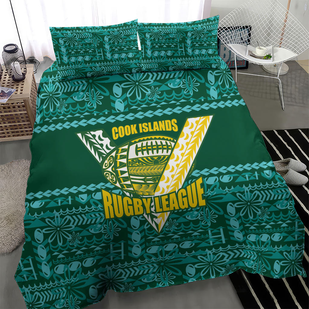 Cook Islands Island Floral Bedding Set Teal Traditional Kuki's Geometric Pattern