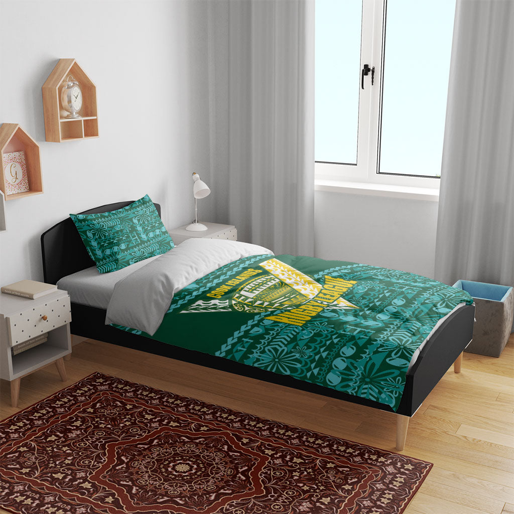 Cook Islands Island Floral Bedding Set Teal Traditional Kuki's Geometric Pattern