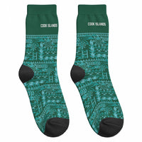Cook Islands Island Floral Crew Socks Teal Traditional Kuki's Geometric Pattern LT9 - Polynesian Pride