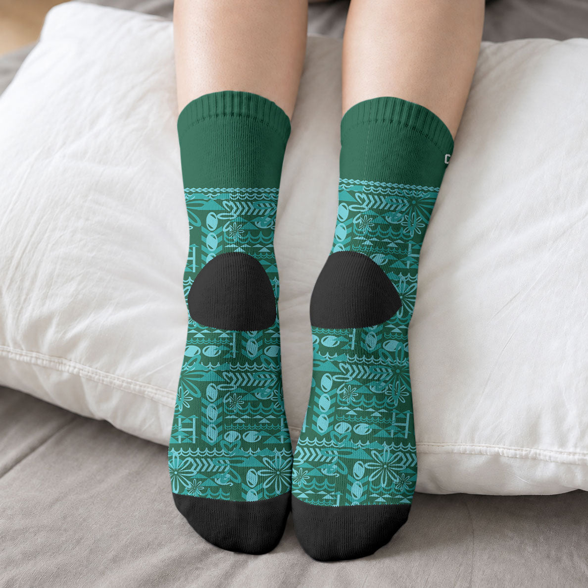 Cook Islands Island Floral Crew Socks Teal Traditional Kuki's Geometric Pattern LT9 - Polynesian Pride