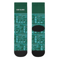 Cook Islands Island Floral Crew Socks Teal Traditional Kuki's Geometric Pattern LT9 - Polynesian Pride