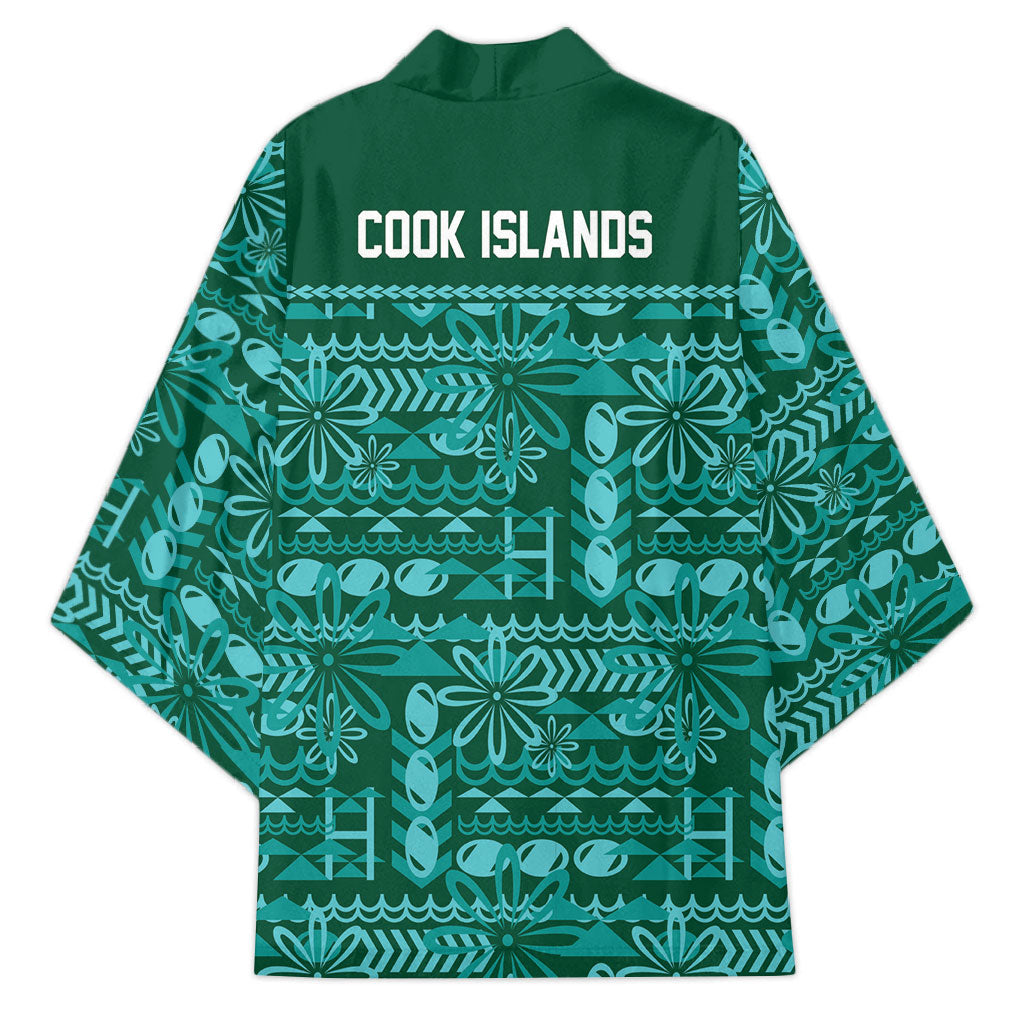 Cook Islands Island Floral Kimono Teal Traditional Kuki's Geometric Pattern LT9 - Polynesian Pride