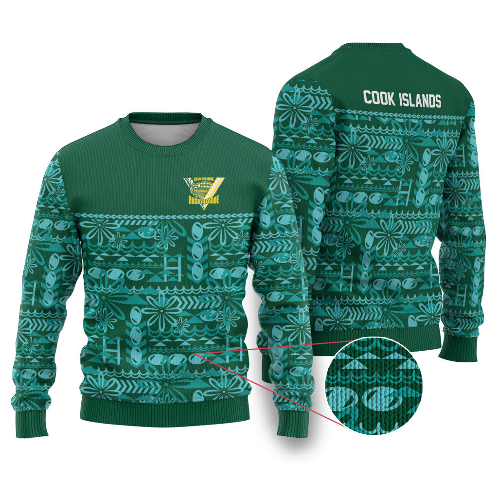 Cook Islands Island Floral Ugly Christmas Sweater Teal Traditional Kuki's Geometric Pattern LT9 Teal - Polynesian Pride