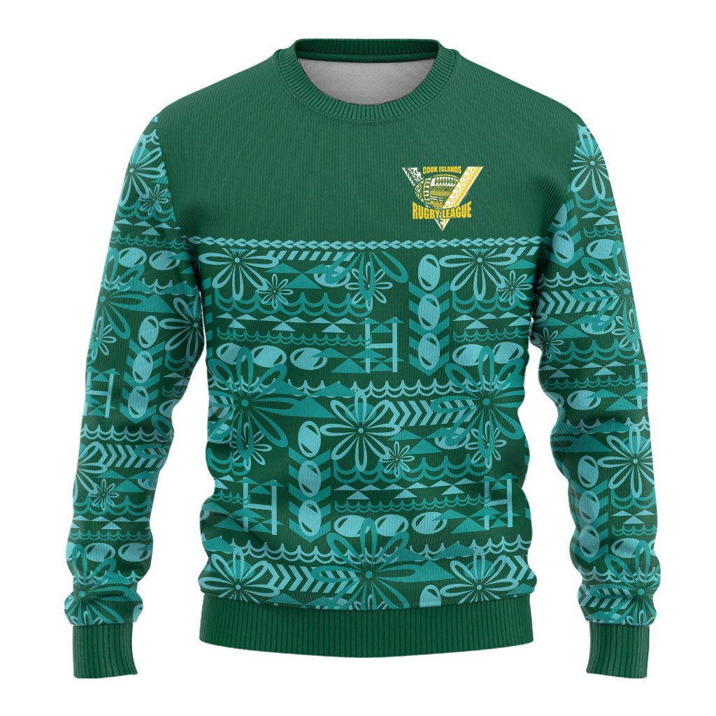 Cook Islands Island Floral Ugly Christmas Sweater Teal Traditional Kuki's Geometric Pattern LT9 - Polynesian Pride